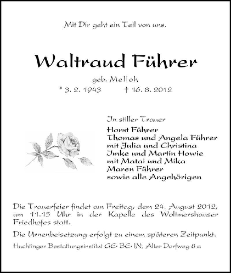 Traueranzeige von Waltraud Führer von WESER-KURIER