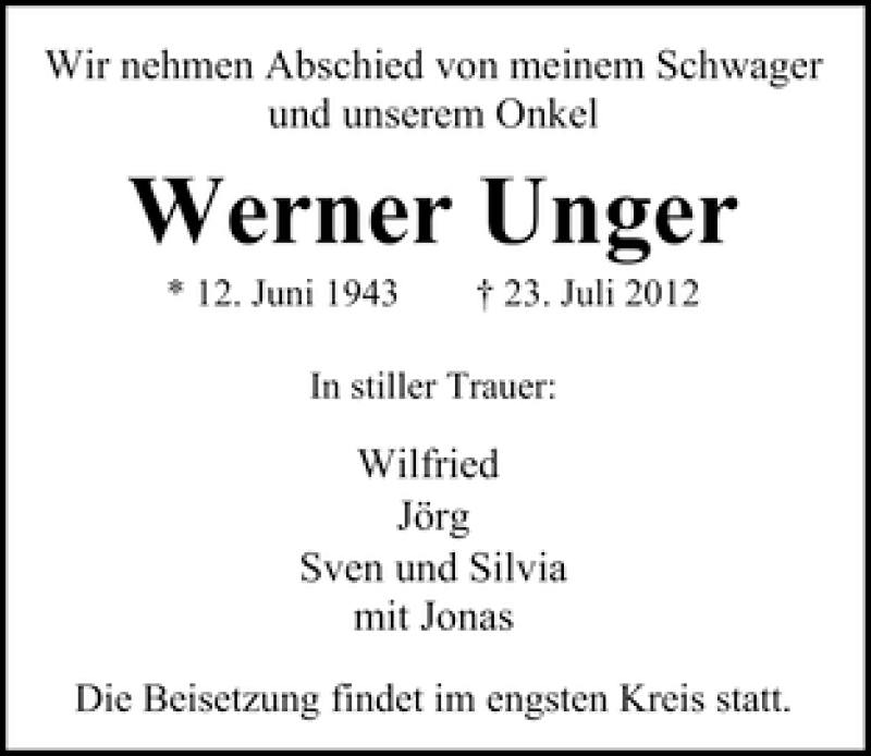 Traueranzeige von Werner Unger von WESER-KURIER