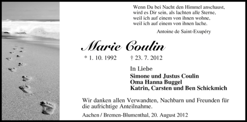 Traueranzeige von Marie Coulin von WESER-KURIER