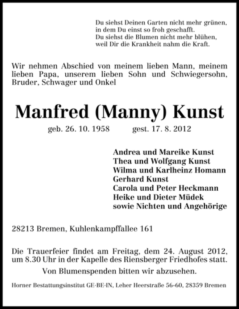 Traueranzeige von Manfred Kunst von WESER-KURIER