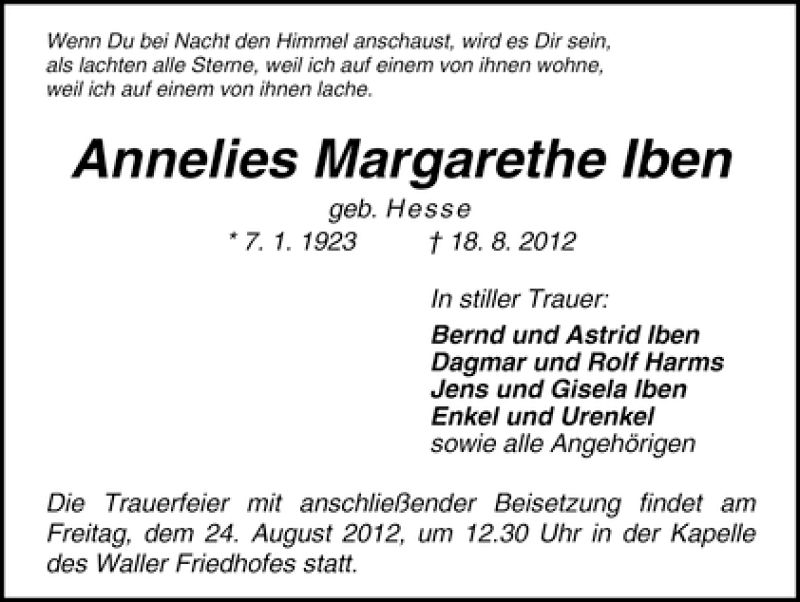 Traueranzeige von Annelies Margarethe Iben von WESER-KURIER