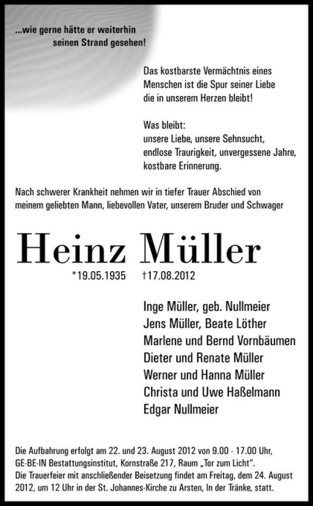 Traueranzeige von Heinz Müller von WESER-KURIER