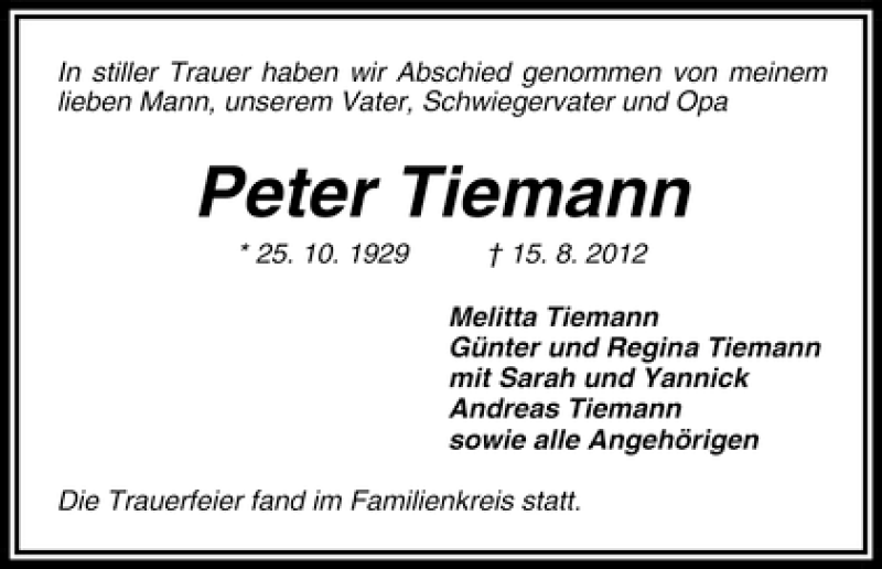 Traueranzeige von Peter Tiemann von WESER-KURIER