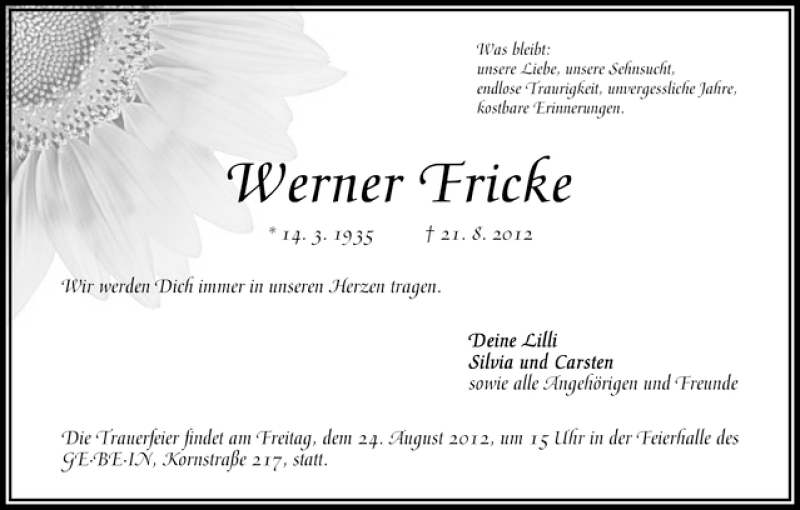 Traueranzeige von Werner Fricke von WESER-KURIER