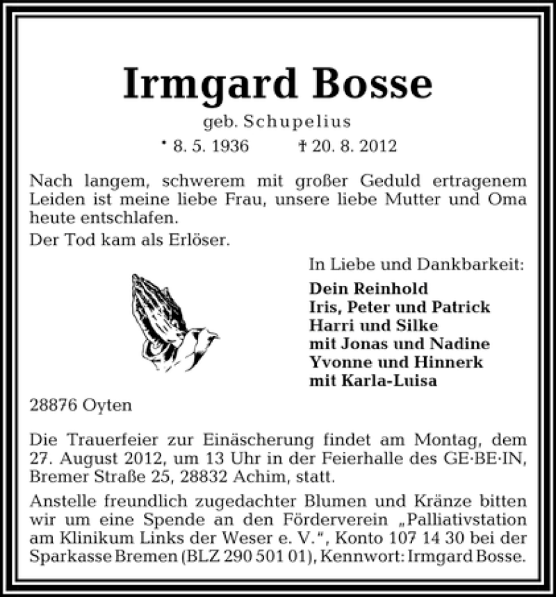 Traueranzeige von Irmgard Bosse von WESER-KURIER