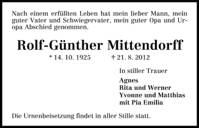 Traueranzeige von Rolf-Günther Mittendorff von WESER-KURIER