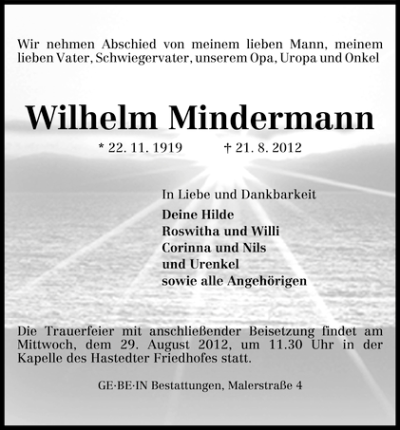 Traueranzeige von Wilhelm Mindermann von WESER-KURIER