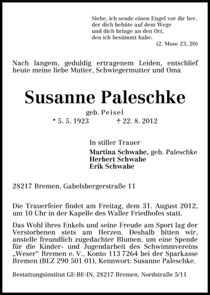 Traueranzeige von Susanne Paleschke von WESER-KURIER