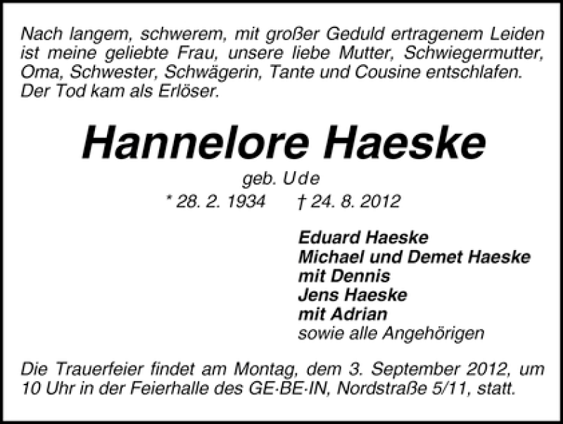 Traueranzeige von Hannelore Haeske von WESER-KURIER