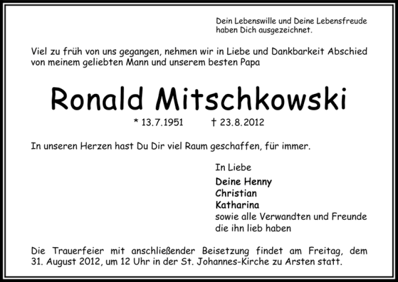 Traueranzeige von Ronald Mitschkowski von WESER-KURIER