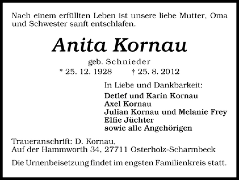 Traueranzeige von Anita Kornau von WESER-KURIER