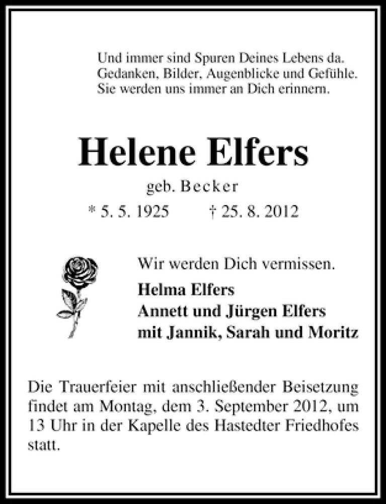 Traueranzeige von Helene Elfers von WESER-KURIER