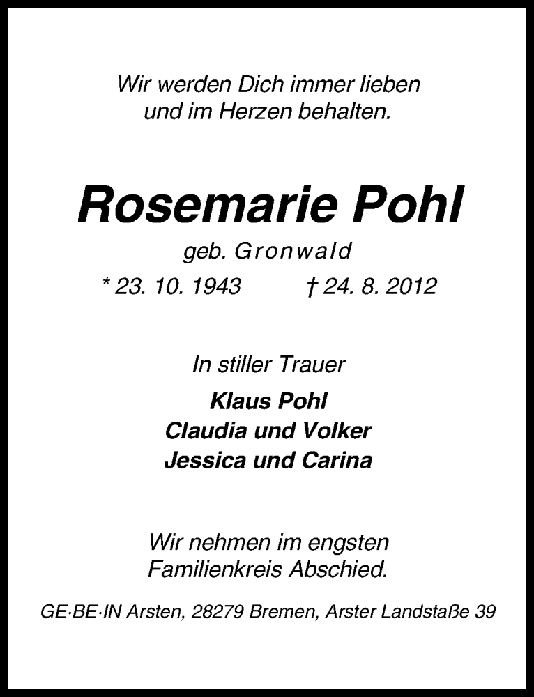 Traueranzeige von Rosemarie Pohl von WESER-KURIER