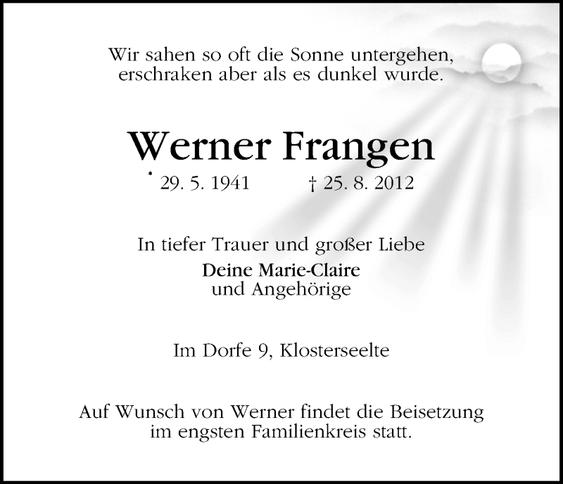 Traueranzeige von Werner Frangen von WESER-KURIER