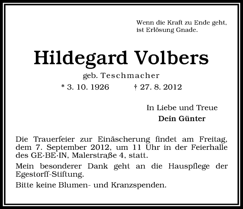 Traueranzeige von Hildegard Volbers von WESER-KURIER