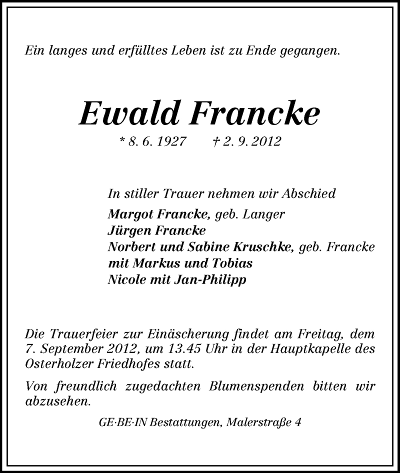 Traueranzeige von Ewald Francke von WESER-KURIER