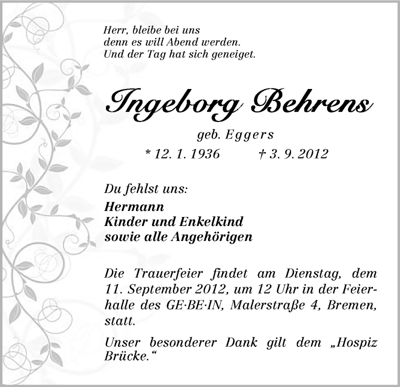 Traueranzeige von Ingeborg Behrens von WESER-KURIER