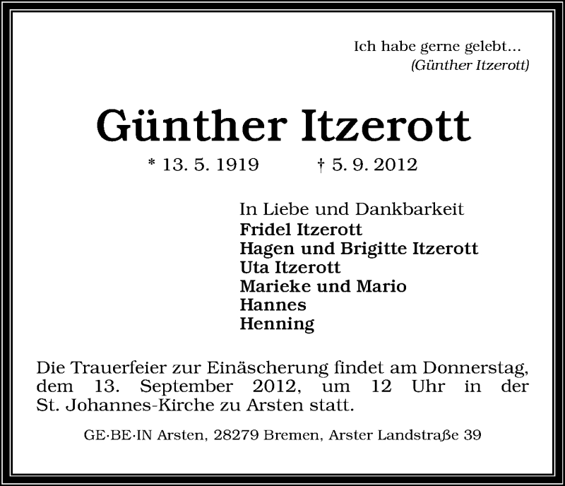 Traueranzeige von Günther Itzerott von WESER-KURIER