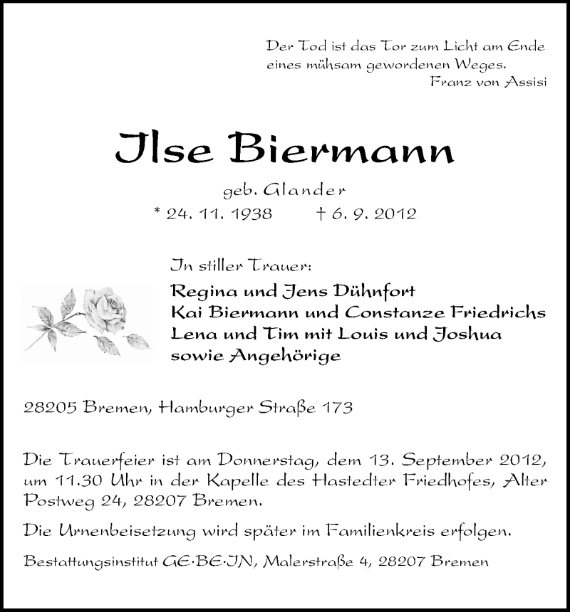 Traueranzeige von Ilse Biermann von WESER-KURIER