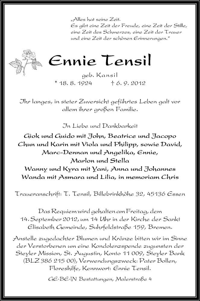 Traueranzeige von Ennie Tensil von WESER-KURIER