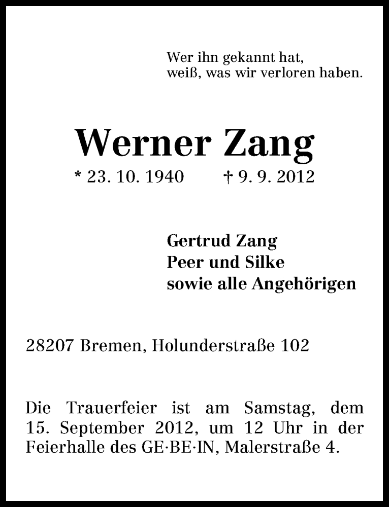 Traueranzeige von Werner Zang von WESER-KURIER