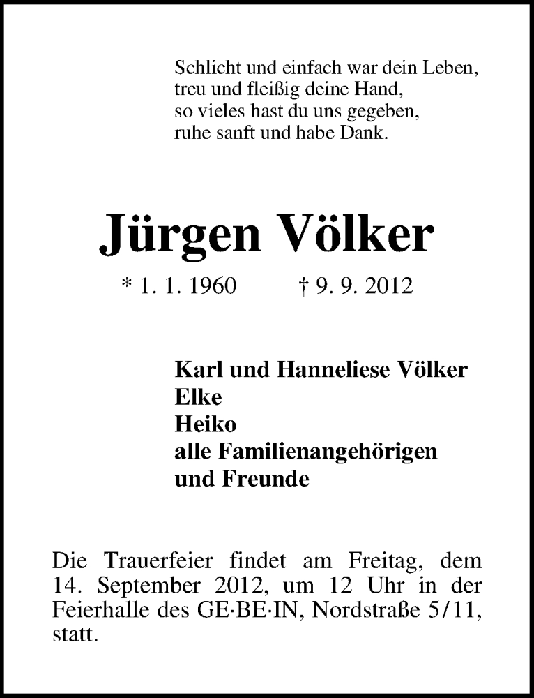 Traueranzeige von Jürgen Völker von WESER-KURIER