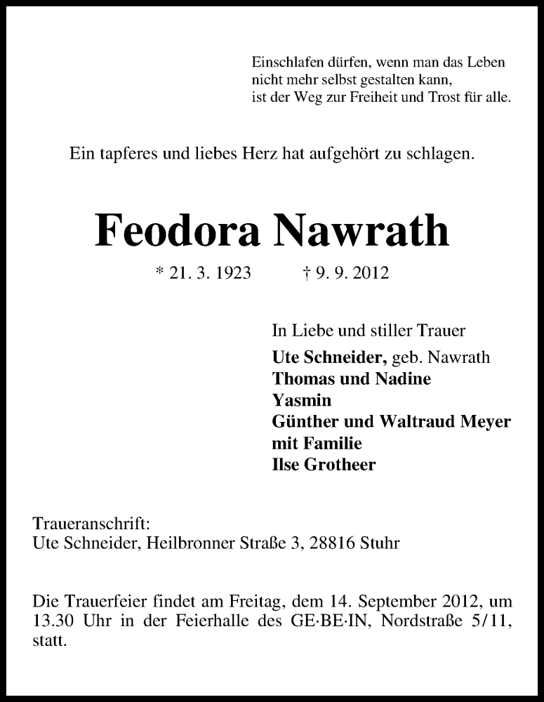 Traueranzeige von Feodora Nawrath von WESER-KURIER