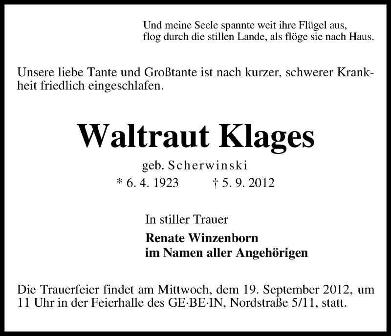 Traueranzeige von Waltraud Klages von WESER-KURIER