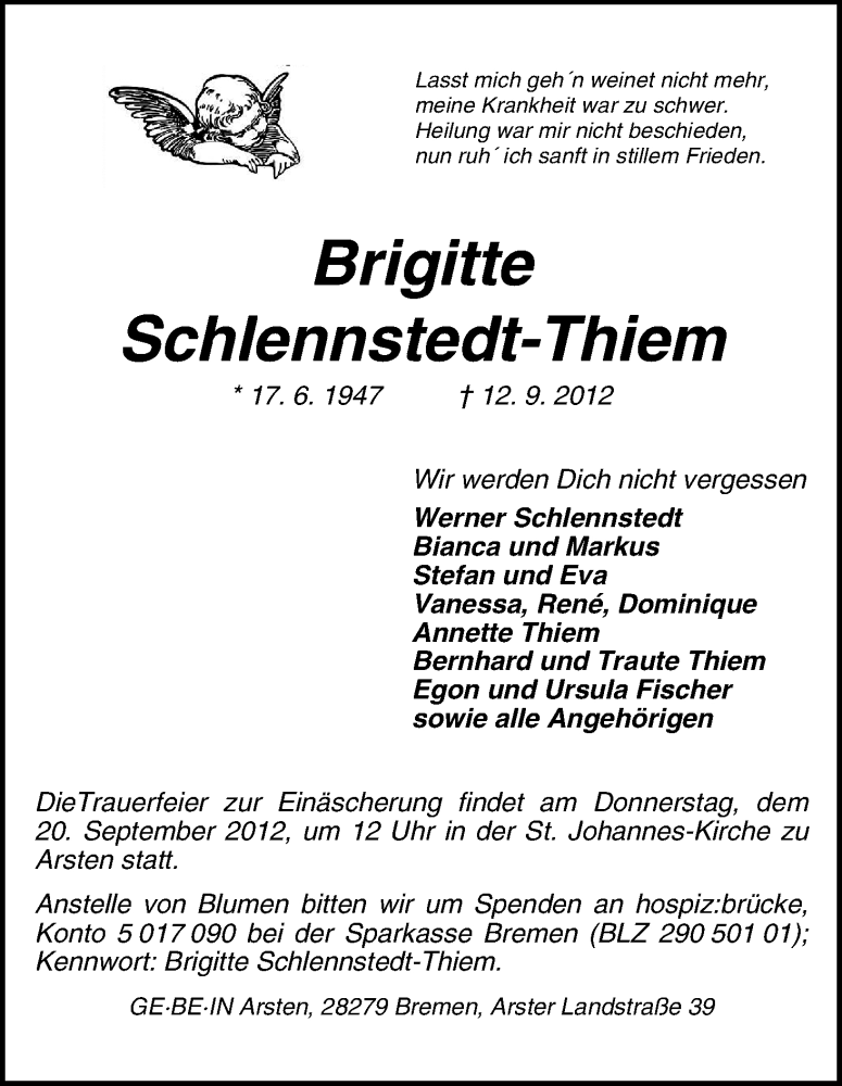 Traueranzeige von Brigitte Schlennstedt-Thiem von WESER-KURIER