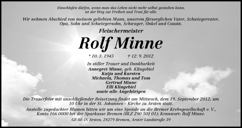 Traueranzeige von Rolf Minne von WESER-KURIER