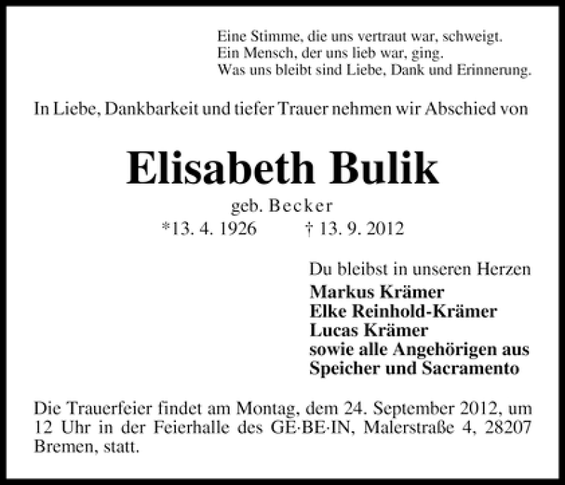 Traueranzeige von Elisabeth Bulik von WESER-KURIER
