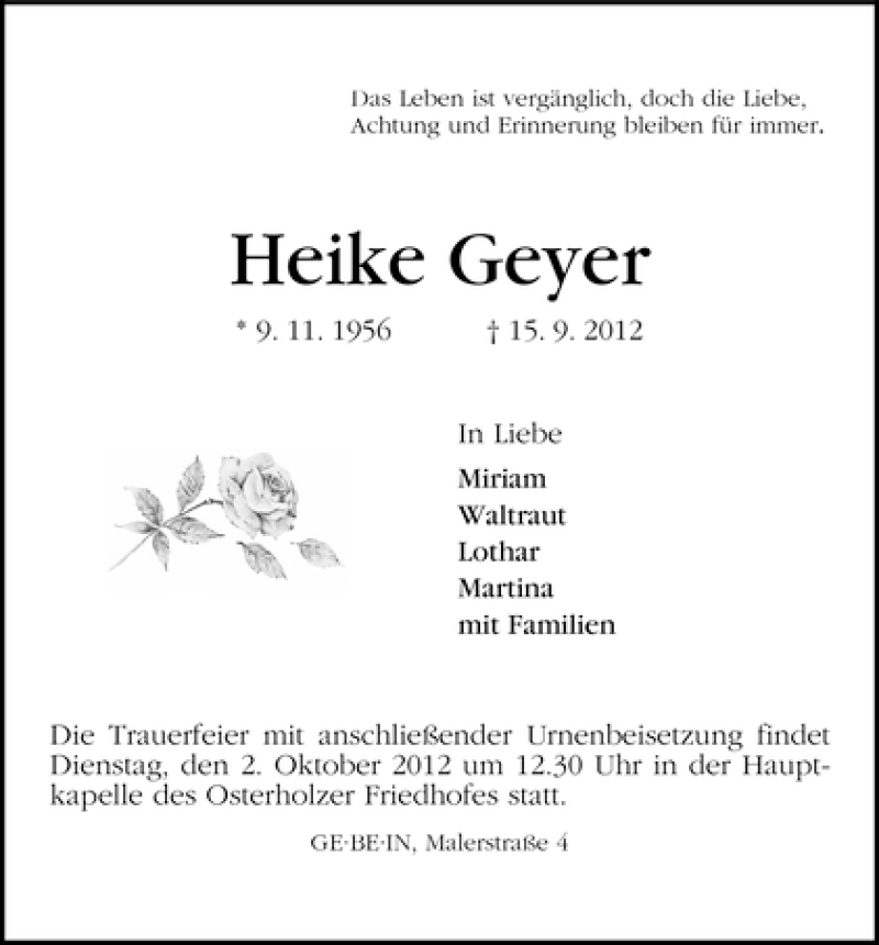 Traueranzeige von Heike Geyer von WESER-KURIER