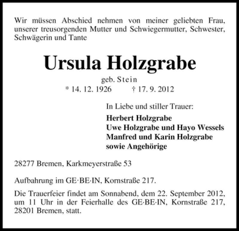 Traueranzeige von Ursula Holzgrabe von WESER-KURIER
