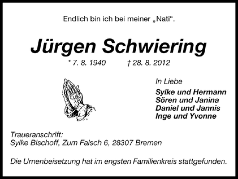 Traueranzeige von Jürgen Schwiering von WESER-KURIER