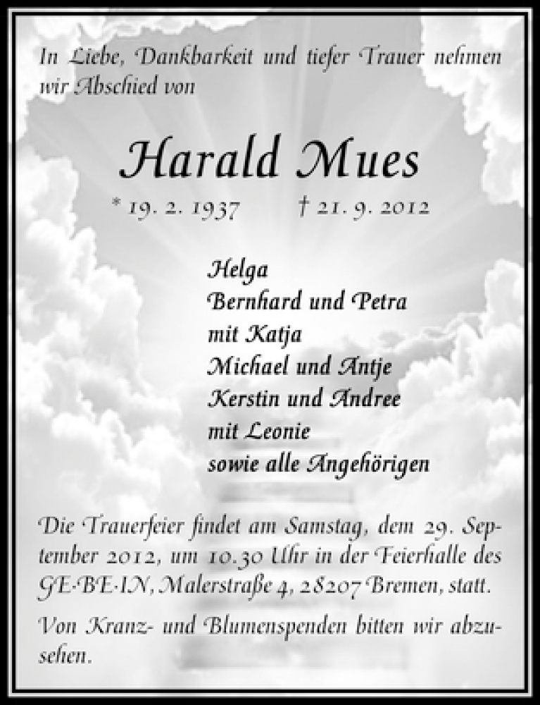 Traueranzeige von Harald Mues von WESER-KURIER