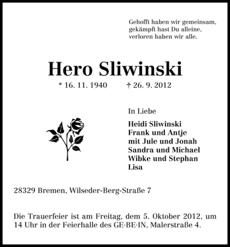 Traueranzeige von Hero Sliwinski von WESER-KURIER