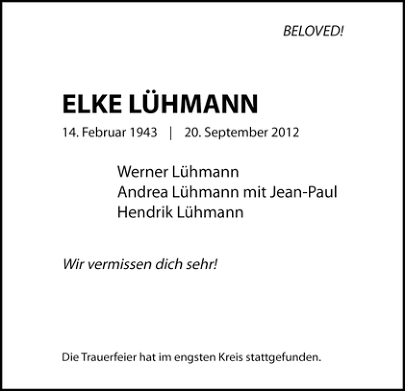 Traueranzeige von Elke Lühmann von WESER-KURIER