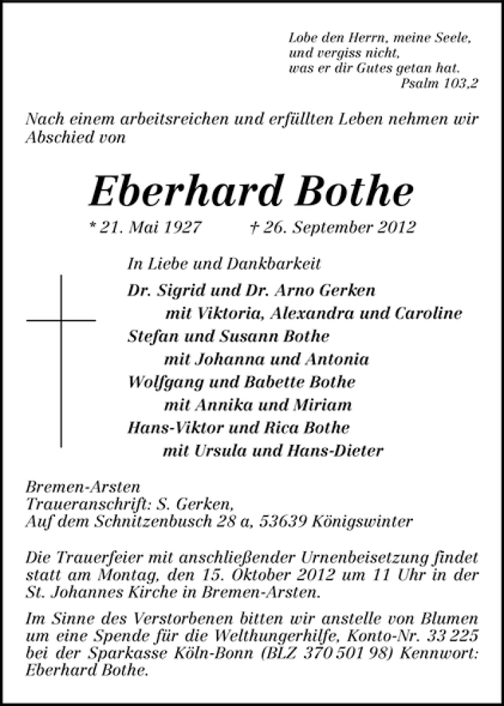 Traueranzeige von Eberhard Bothe von WESER-KURIER
