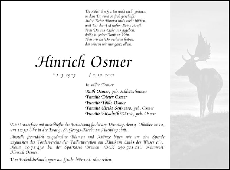 Traueranzeige von Hinrich Osmer von WESER-KURIER