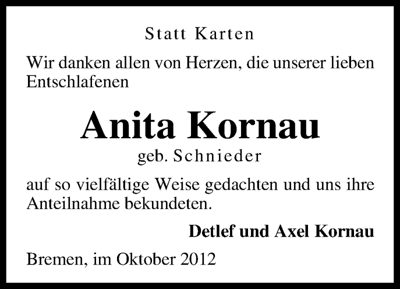 Traueranzeige von Anita Kornau von WESER-KURIER