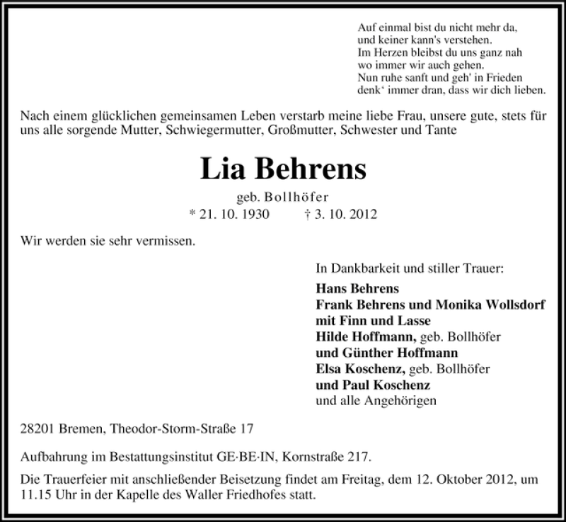 Traueranzeige von Lia Behrens von WESER-KURIER