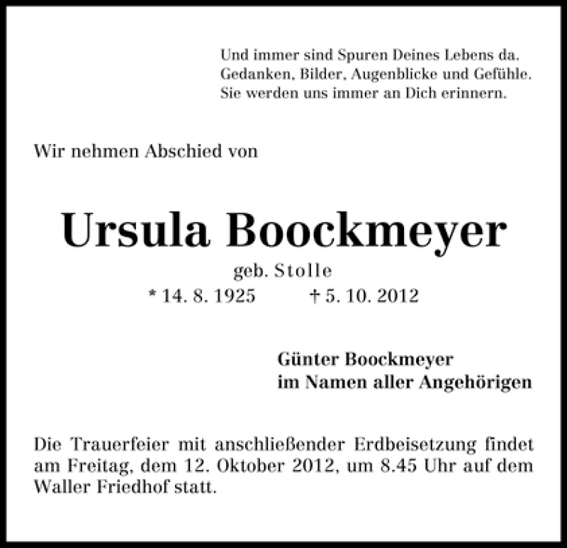 Traueranzeige von Ursula Boockmeyer von WESER-KURIER