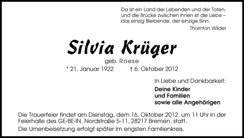 Traueranzeige von Silvia Krüger von WESER-KURIER