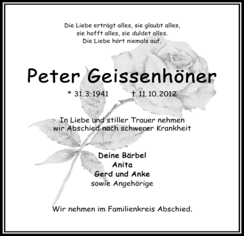 Traueranzeige von Peter Geissenhöner von WESER-KURIER