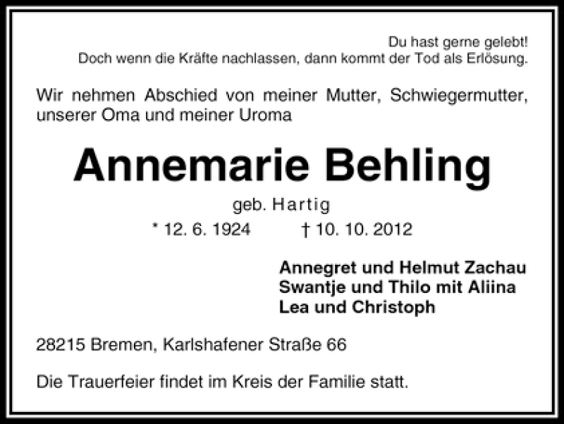 Traueranzeige von Annemarie Behling von WESER-KURIER