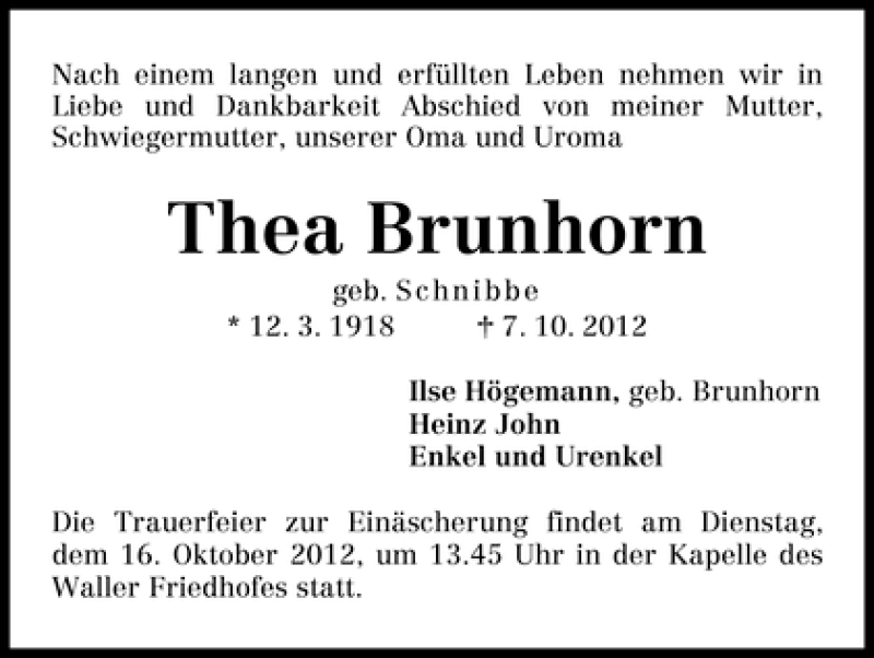 Traueranzeige von Thea Brunhorn von WESER-KURIER