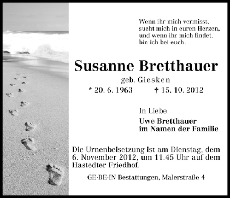 Traueranzeige von Susanne Bretthauer von WESER-KURIER