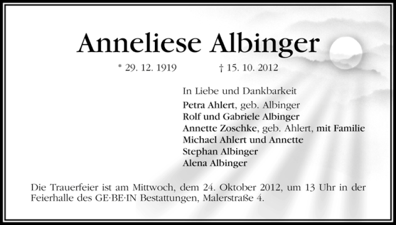 Traueranzeige von Anneliese Albinger von WESER-KURIER