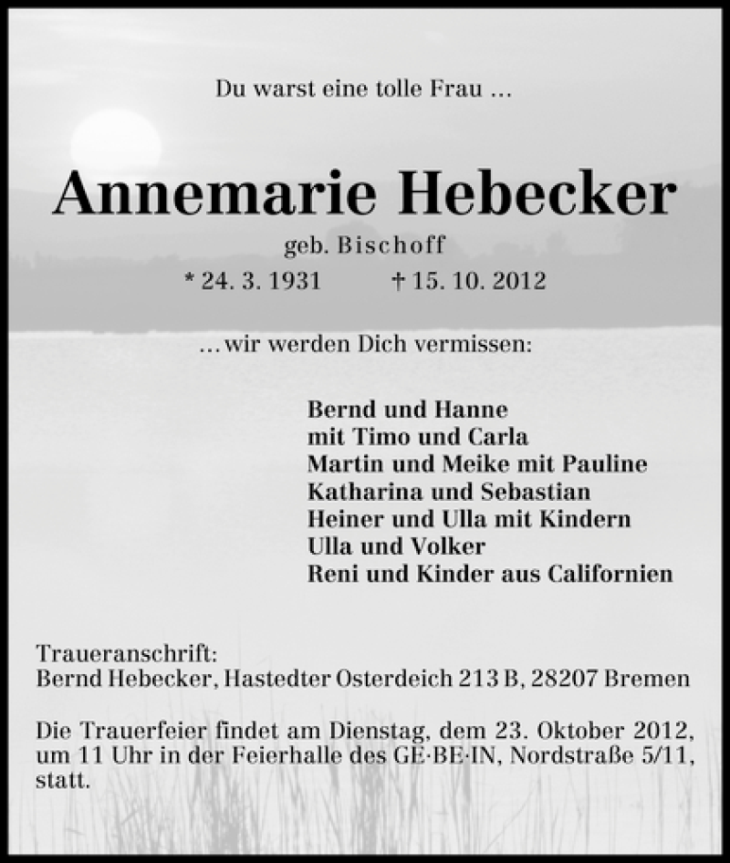 Traueranzeige von Annemarie Hebecker von WESER-KURIER