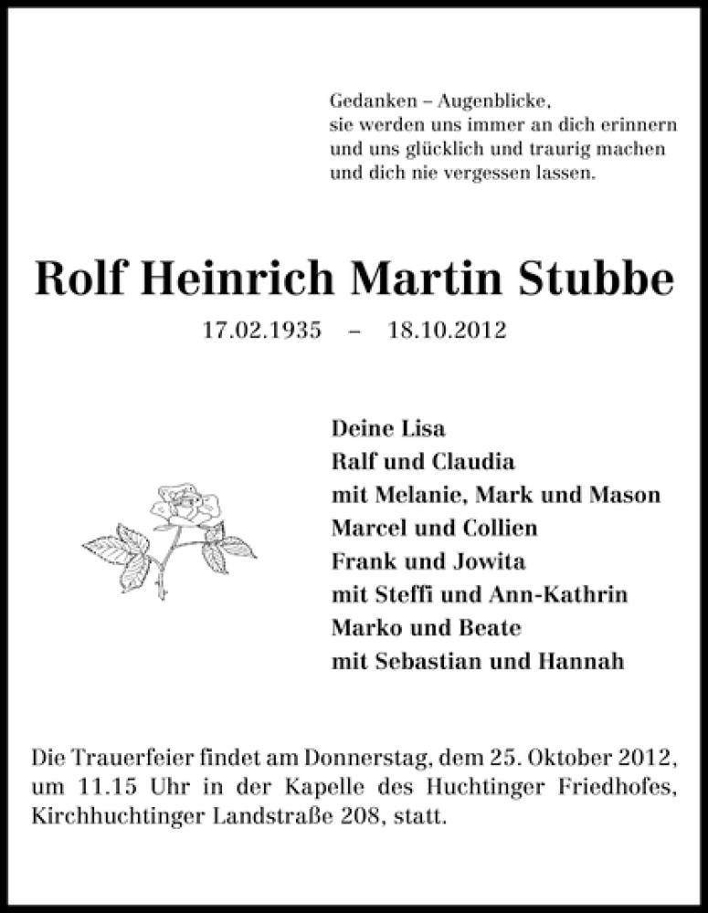 Traueranzeige von Rolf Heinrich Martin Stubbe von WESER-KURIER